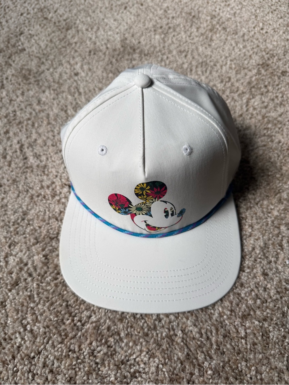 Disney White Baseball Hat with Floral Mickey Patch and Blue Trim